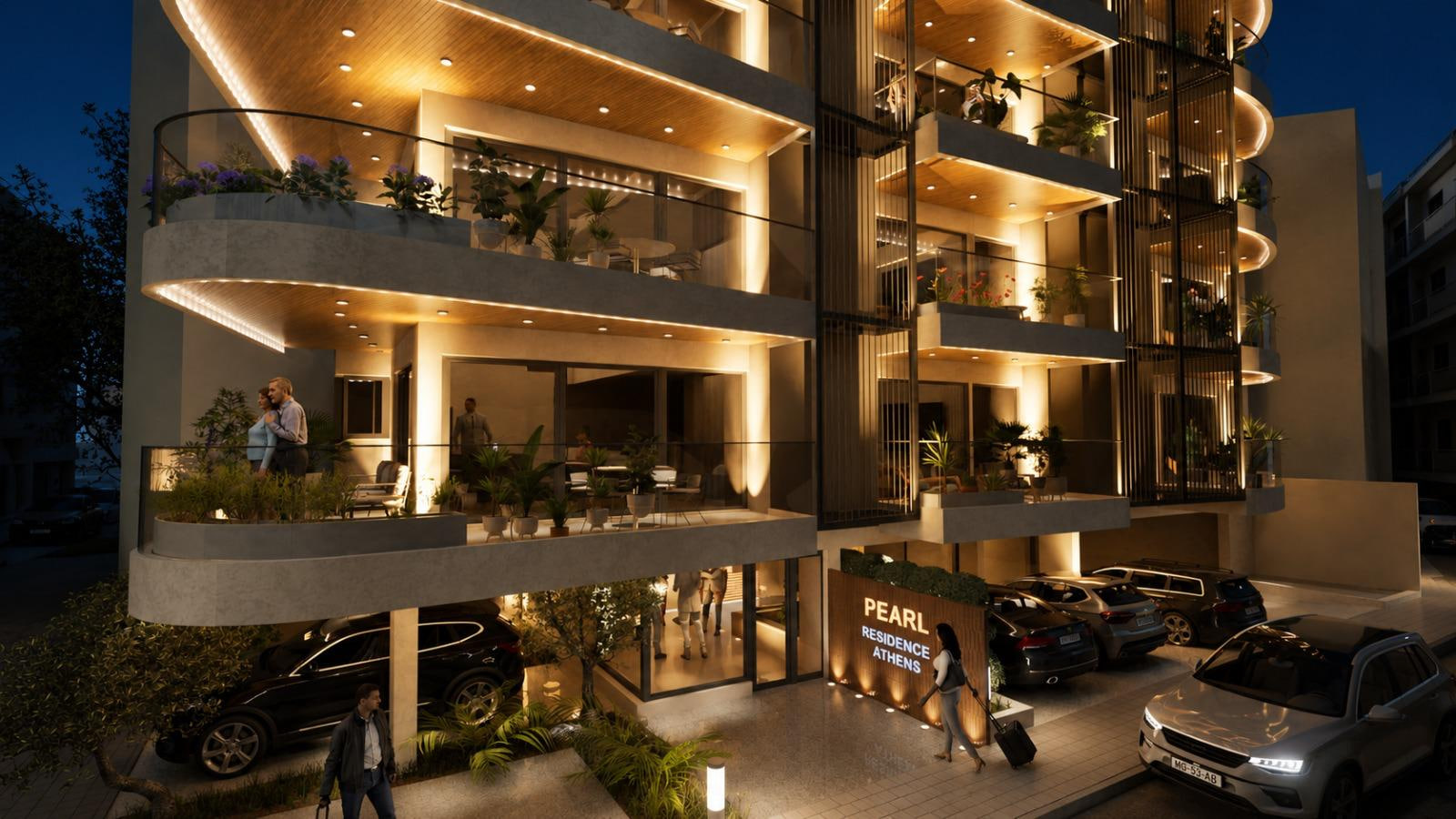 Pearl Residence Athens warm entrance and podium render