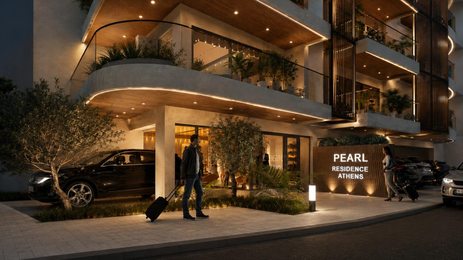 Pearl Residence Athens arrival entrance at night