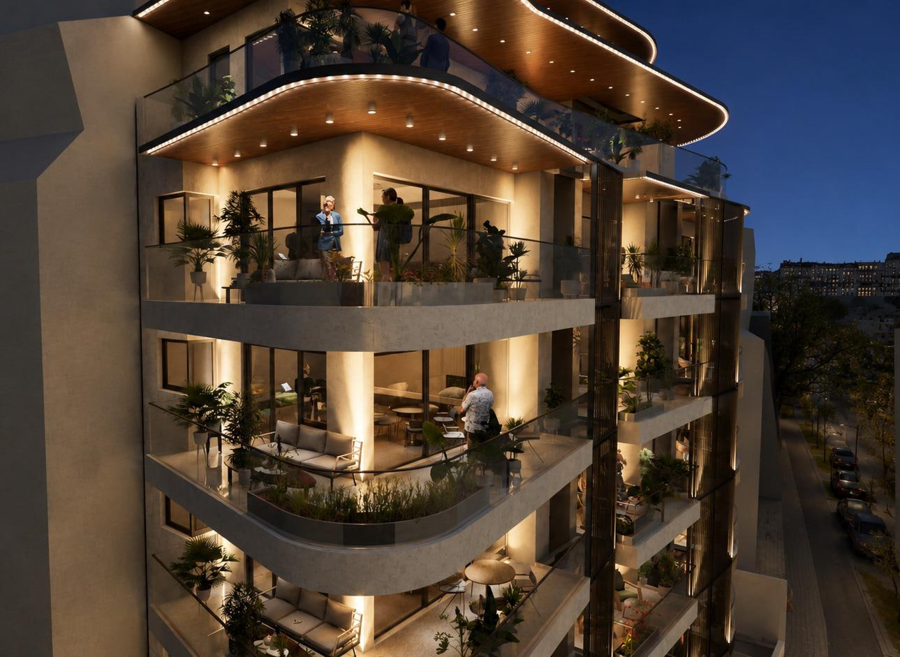 Pearl Residence Athens exterior balcony detail at night