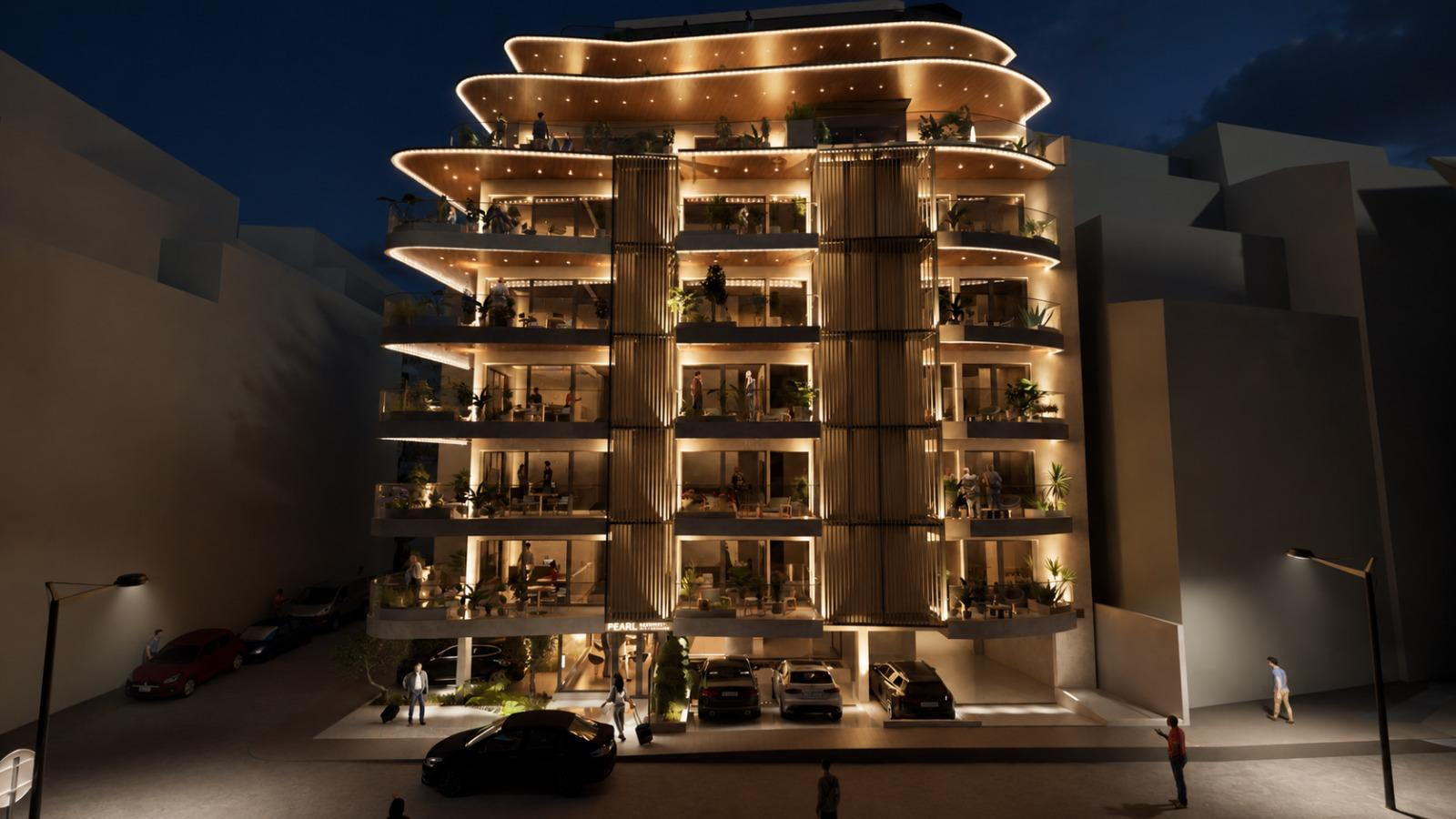 Pearl Residence Athens illuminated building facade at night