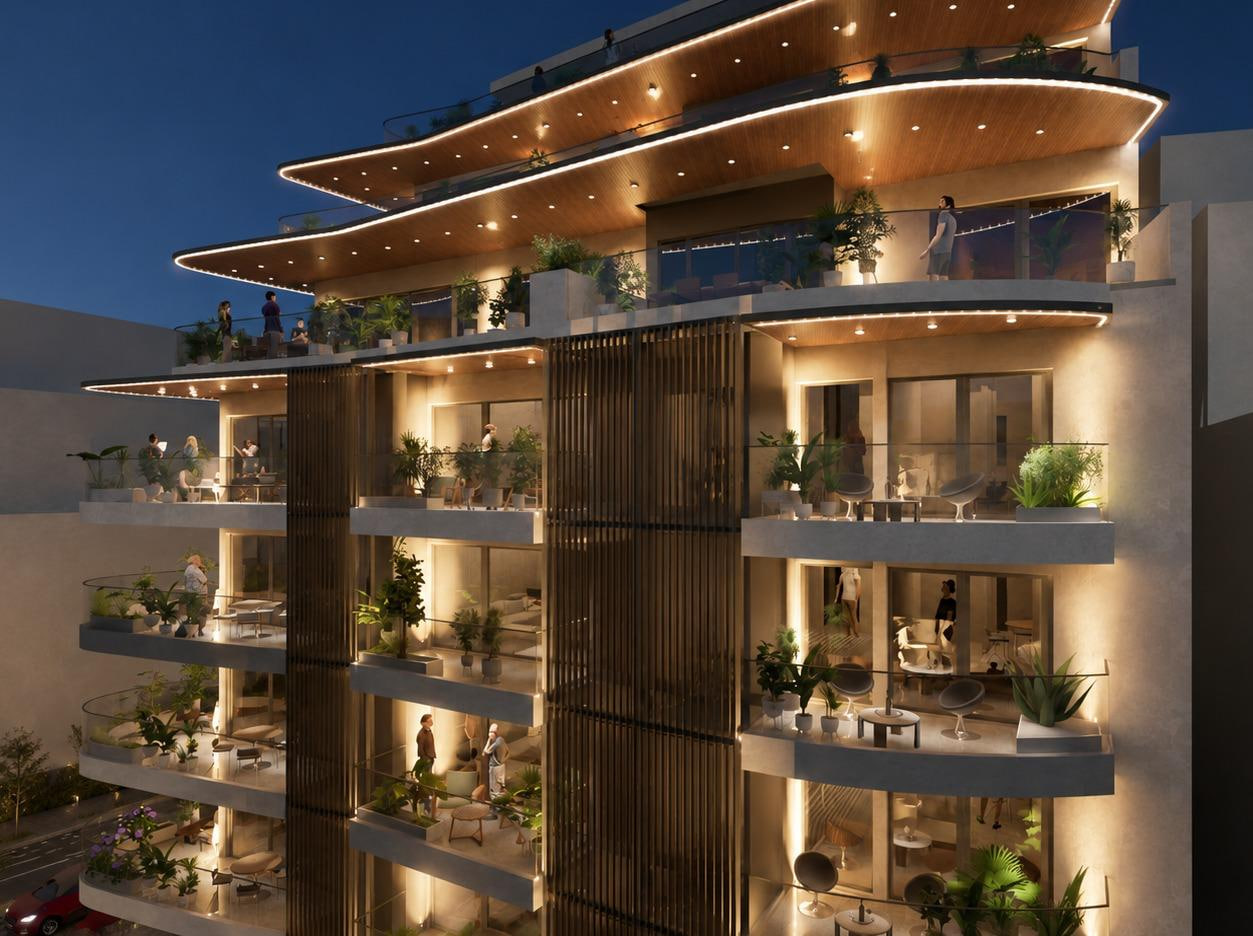 Pearl Residence Athens upper-floor balcony render at night